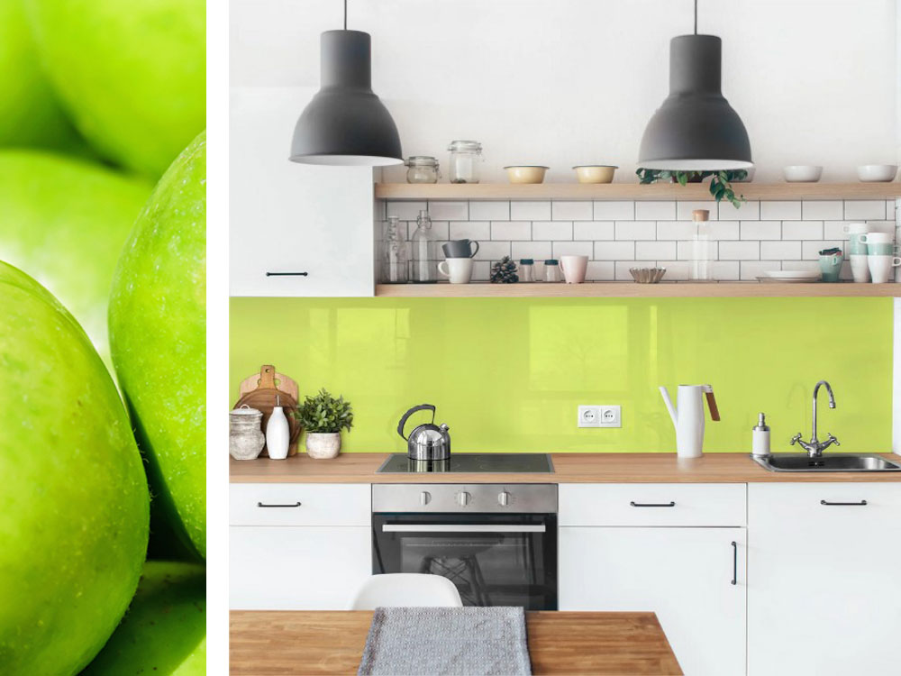 Pomme Granny Smith et cuisine blanc et vert anis illustrant le vert dans la cuisine